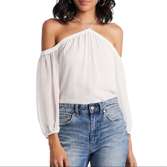 1. State Tops - 1. State Off Shoulder Halter White Chiffon Blouse